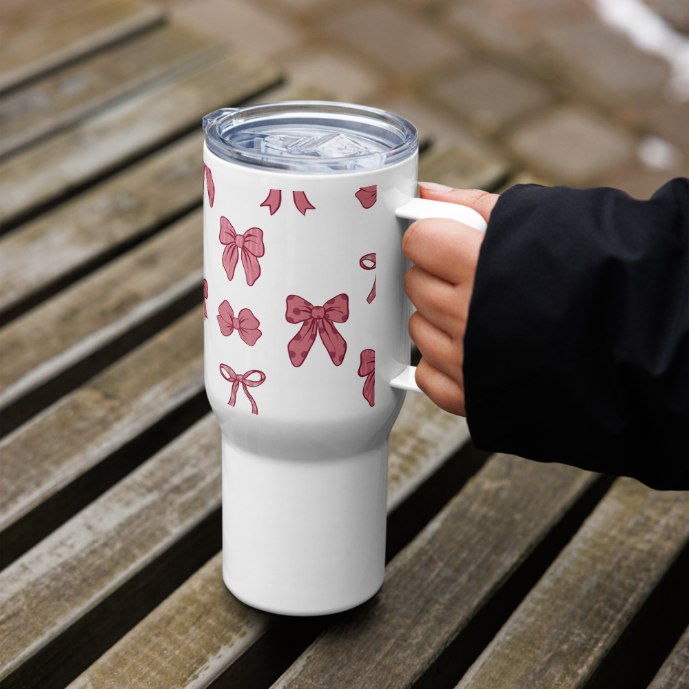 Pinky Bow Travel mug with a handle